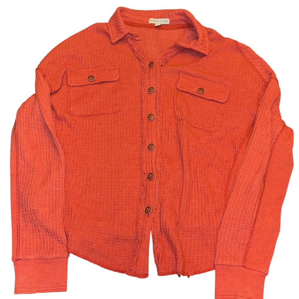 Frye and Co | Medium Womens Orange Waffle Knit Button Front Shirt Shacket Flaws